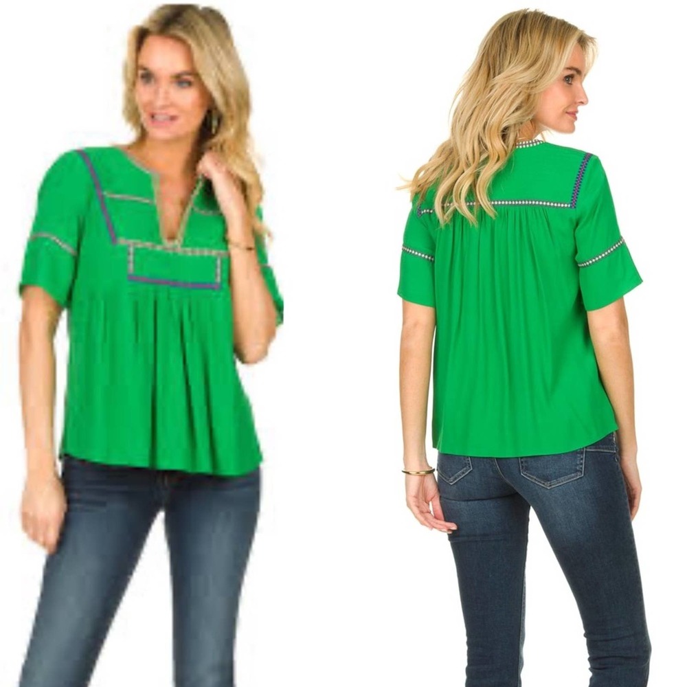 ba&sh Green Embroidered Short Sleeve Peasant Top